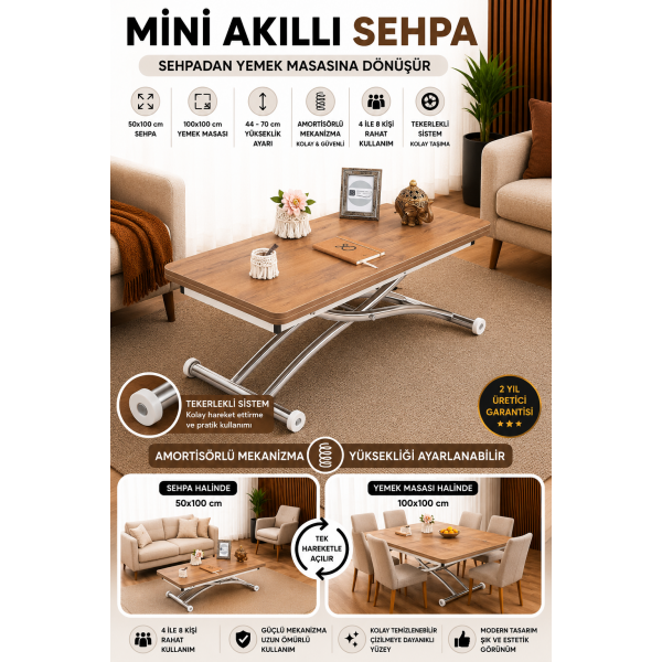 Mini Juppo Dışa K Akıllı Sehpa Üst Tabla Mdf Ceviz Oval Köşe Alt Krom Kaplama
