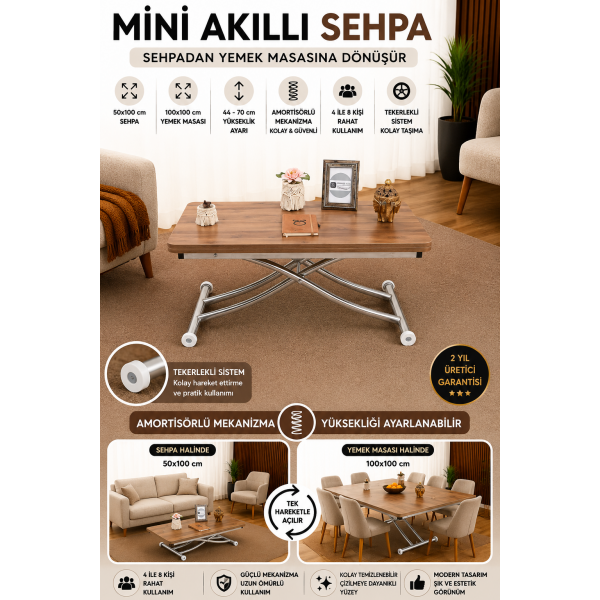 Mini Juppo İçe K Akıllı Sehpa Üst Tabla Mdf Ceviz Oval Köşe Alt Krom Kaplama
