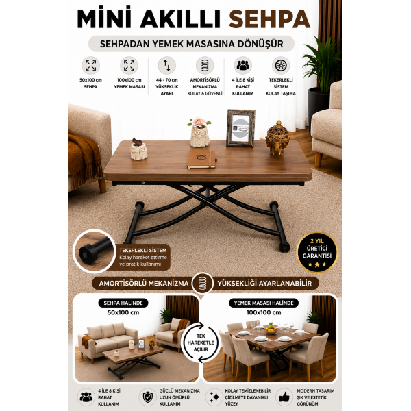 Mini Juppo İçe K Akıllı Sehpa Üst Tabla Mdf Ceviz Oval Köşe Alt Siyah Renk
