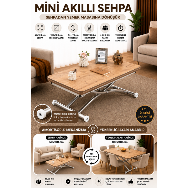 Mini Juppo Dışa K Akıllı Sehpa Üst Tabla Mdf EfesÇam Oval Köşe Alt Krom Kaplama