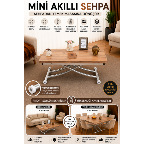 Mini Juppo İçe K Akıllı Sehpa Üst Tabla Mdf EfesÇam Oval Köşe Alt Krom Kaplama