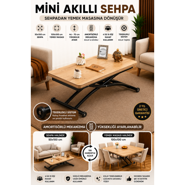 Mini Juppo Dışa K Akıllı Sehpa Üst Tabla Mdf EfesÇam Oval Köşe Alt Siyah Renk