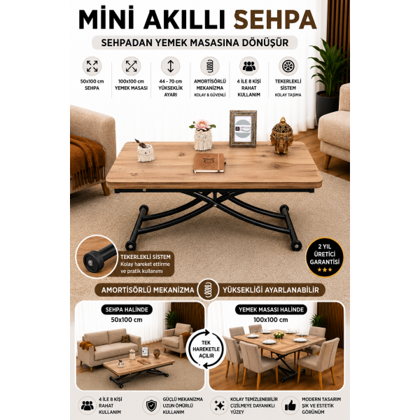 Mini Juppo İçe K Akıllı Sehpa Üst Tabla Mdf EfesÇam Oval Köşe Alt Siyah Renk
