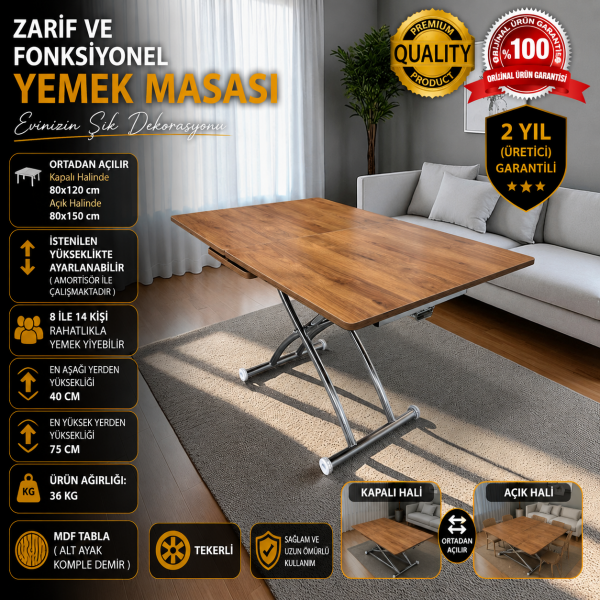 Ortadan Açılır Akıllı Masa Üst Mdf Ceviz Alt Ayak Krom Kaplama
