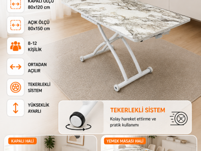 Ortadan Açılır Akıllı Masa Üst Mdf Beyaz Mermer Alt Ayak Beyaz Renk