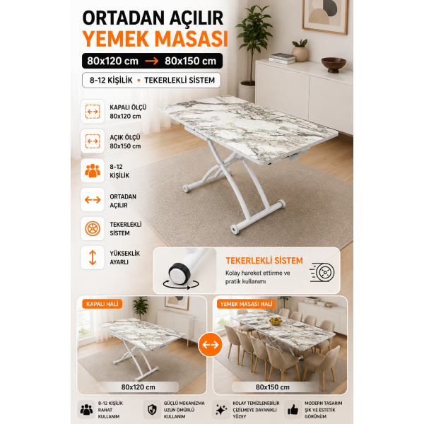 Ortadan Açılır Akıllı Masa Üst Mdf Beyaz Mermer Alt Ayak Beyaz Renk