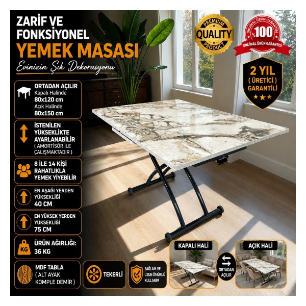 Ortadan Açılır Akıllı Masa Üst Mdf Beyaz Mermer Alt Ayak Siyah Renk