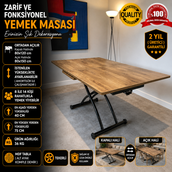 Ortadan Açılır Akıllı Masa Üst Mdf Ceviz Alt Ayak Siyah Renk