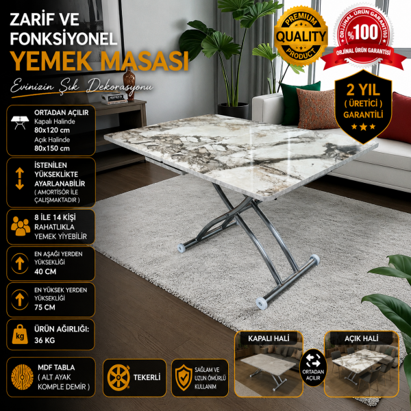 Ortadan Açılır Akıllı Masa Üst Mdf Beyaz Mermer Alt Ayak Krom Kaplama