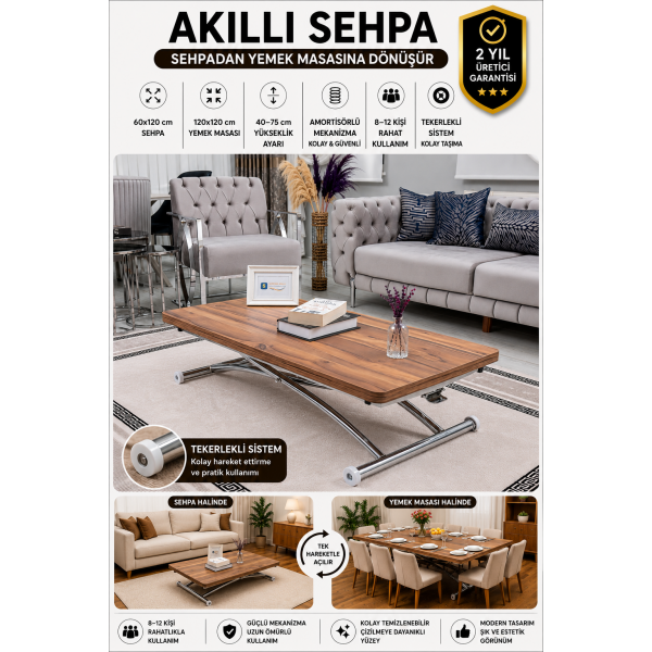 Home Üst Tabla MDF Urartu Oval Köşe Alt Ayak Krom Kaplama Akıllı Sehpa