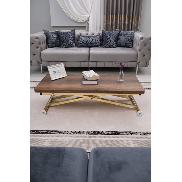 Home Barok Koyu Ceviz MDF Tabla Gold Kaplama Ayaklı Oval Köşe Akıllı Sehpa