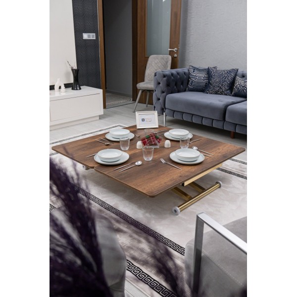 Home Barok Koyu Ceviz MDF Tabla Gold Kaplama Ayaklı Oval Köşe Akıllı Sehpa