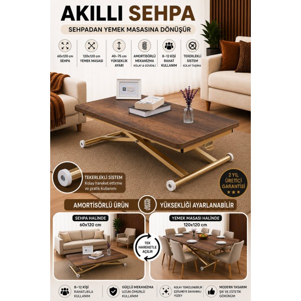 Home Barok Koyu Ceviz MDF Tabla Gold Kaplama Ayaklı Oval Köşe Akıllı Sehpa