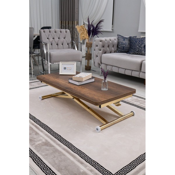 Home Barok Koyu Ceviz MDF Tabla Gold Kaplama Ayaklı Oval Köşe Akıllı Sehpa