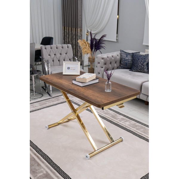 Home Barok Koyu Ceviz MDF Tabla Gold Kaplama Ayaklı Oval Köşe Akıllı Sehpa