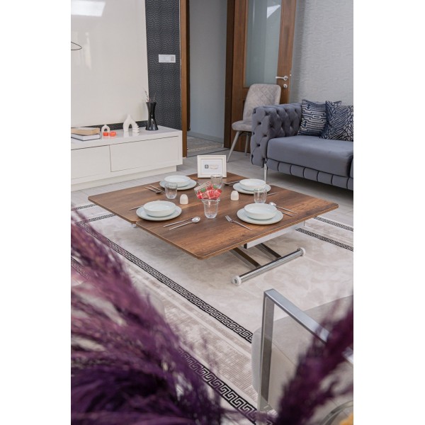 Home Barok Koyu Ceviz MDF Üst Tabla Krom Kaplama Ayaklı Oval Köşe Akıllı Sehpa