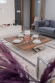 Home Barok Koyu Ceviz MDF Üst Tabla Krom Kaplama Ayaklı Oval Köşe Akıllı Sehpa