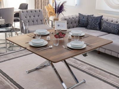 Home Üst Tabla MDF Barok Koyu Ceviz Oval Köşe Alt Ayak Krom Kaplama Akıllı Sehpa