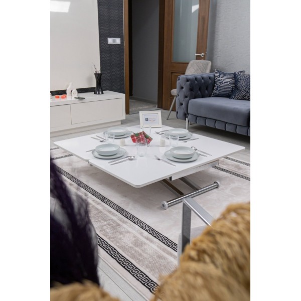 Home Beyaz MDF Oval Köşe Krom Kaplama Ayaklı Akıllı Sehpa Modern Tasarım