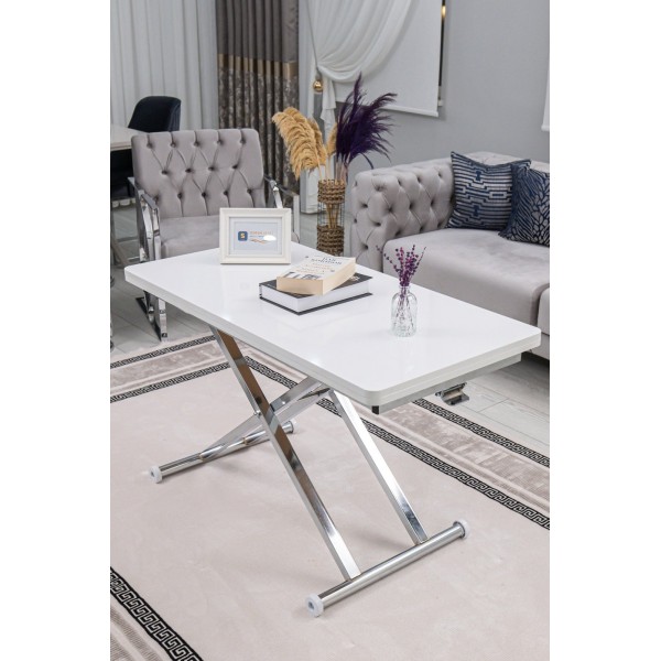 Home Beyaz MDF Oval Köşe Krom Kaplama Ayaklı Akıllı Sehpa Modern Tasarım