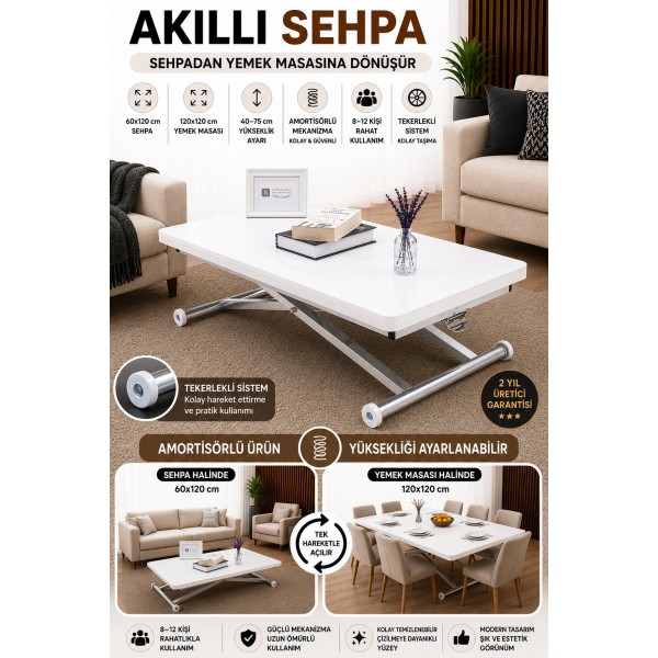Home Beyaz MDF Oval Köşe Krom Kaplama Ayaklı Akıllı Sehpa Modern Tasarım