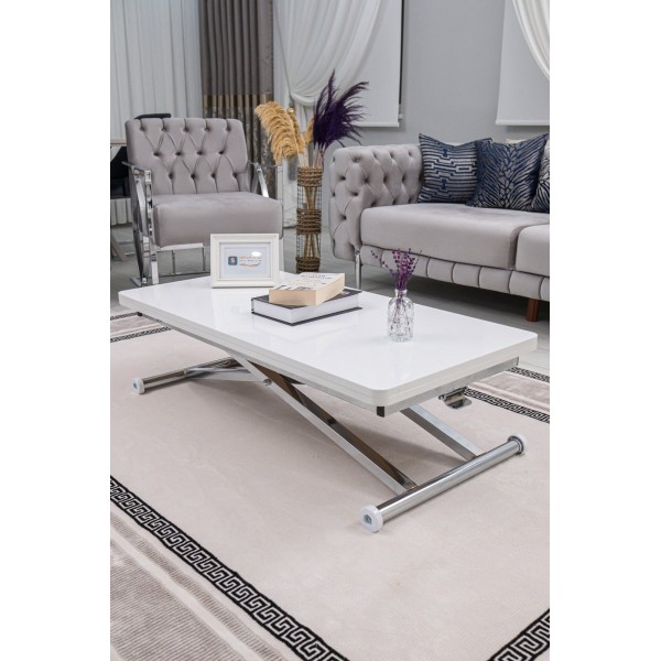 Home Beyaz MDF Oval Köşe Krom Kaplama Ayaklı Akıllı Sehpa Modern Tasarım