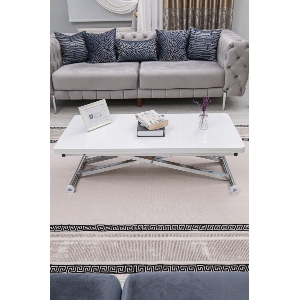 Home Beyaz MDF Oval Köşe Krom Kaplama Ayaklı Akıllı Sehpa Modern Tasarım