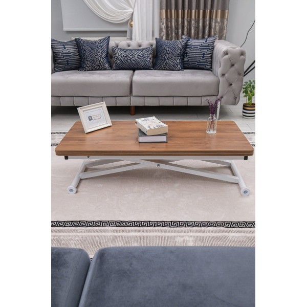 Home MDF Ceviz Oval Köşe Beyaz Ayaklı Akıllı Sehpa ve Dönüşebilir Yemek Masası