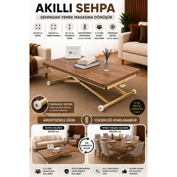 Lüks Home Ceviz MDF Oval Köşe Gold Kaplama Ayaklı Akıllı Sehpa Modeli