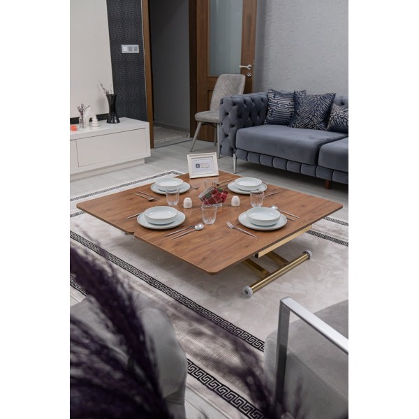 Lüks Home Ceviz MDF Oval Köşe Gold Kaplama Ayaklı Akıllı Sehpa Modeli