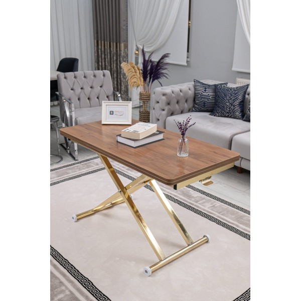 Lüks Home Ceviz MDF Oval Köşe Gold Kaplama Ayaklı Akıllı Sehpa Modeli