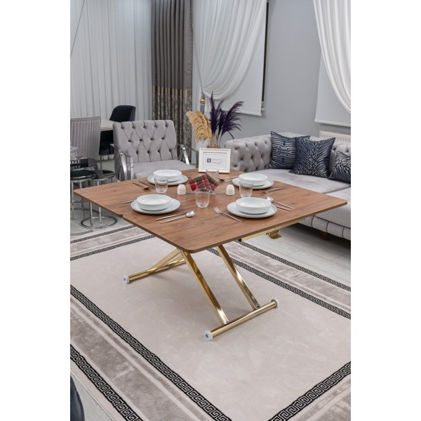 Lüks Home Ceviz MDF Oval Köşe Gold Kaplama Ayaklı Akıllı Sehpa Modeli