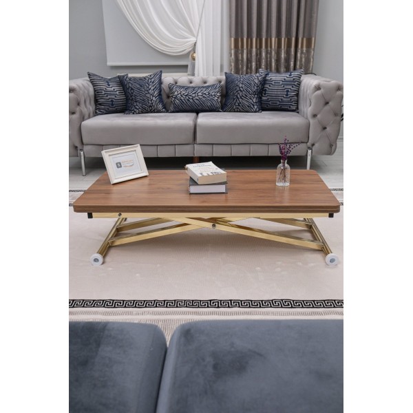 Lüks Home Ceviz MDF Oval Köşe Gold Kaplama Ayaklı Akıllı Sehpa Modeli