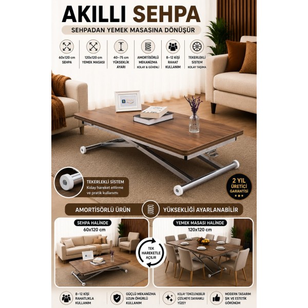 Home Ceviz MDF Oval Köşe Krom Kaplama Ayaklı Akıllı Sehpa Modern Yemek Masası Modeli