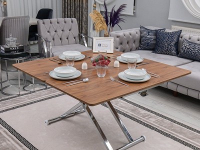 Home Üst Tabla MDF Ceviz Oval Köşe Alt Ayak Krom Kaplama Akıllı Sehpa