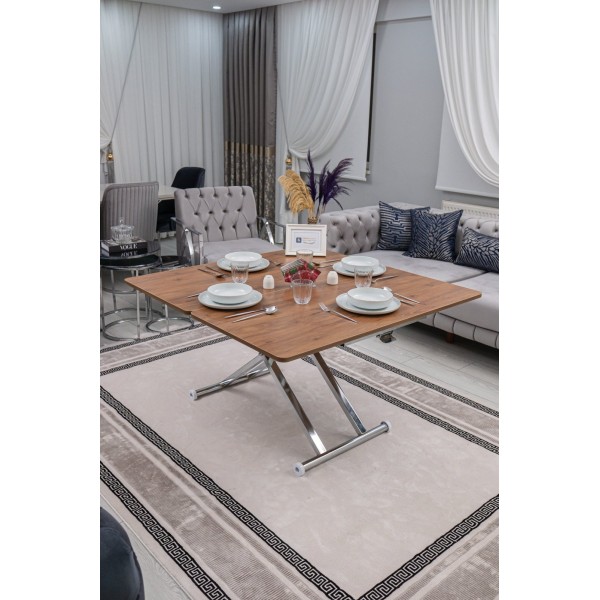 Home Ceviz MDF Oval Köşe Krom Kaplama Ayaklı Akıllı Sehpa Modern Yemek Masası Modeli