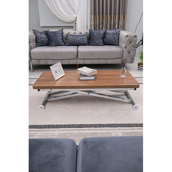 Home Ceviz MDF Oval Köşe Krom Kaplama Ayaklı Akıllı Sehpa Modern Yemek Masası Modeli