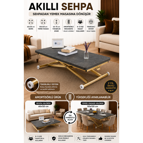 Home Frezeli Antrasit MDF Oval Köşe Gold Kaplama Ayaklı Akıllı Sehpa Premium Tasarım