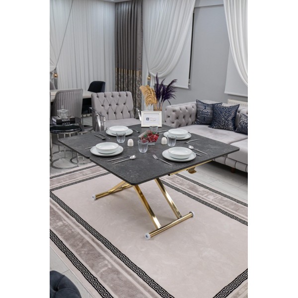 Home Frezeli Antrasit MDF Oval Köşe Gold Kaplama Ayaklı Akıllı Sehpa Premium Tasarım