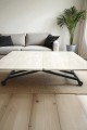 Siyah ayaklı, oval köşe MDF traverten üst tablalı modern masa