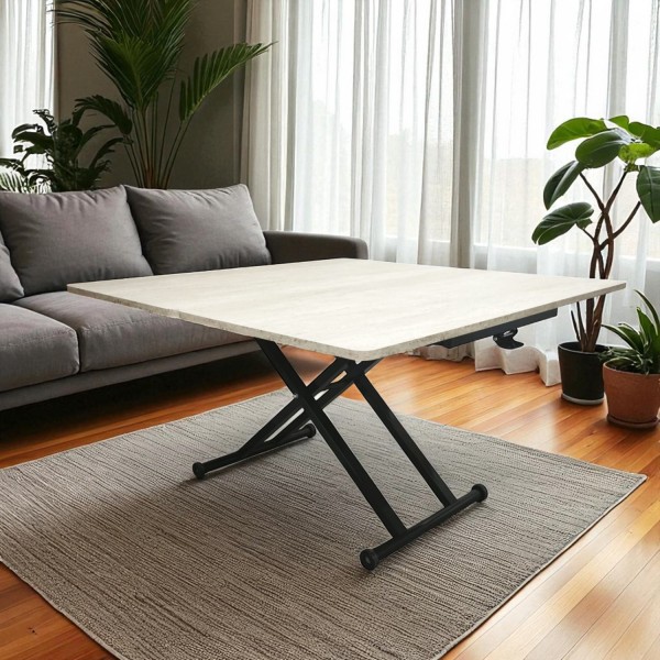 Siyah ayaklı, oval köşe MDF traverten üst tablalı modern masa