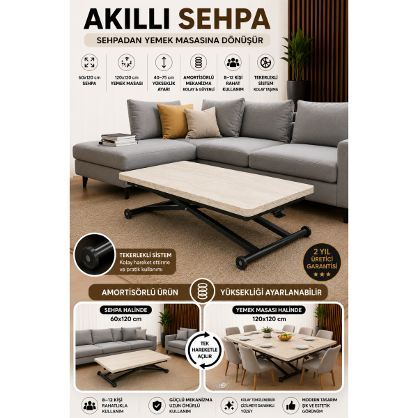 Siyah ayaklı, oval köşe MDF traverten üst tablalı modern masa