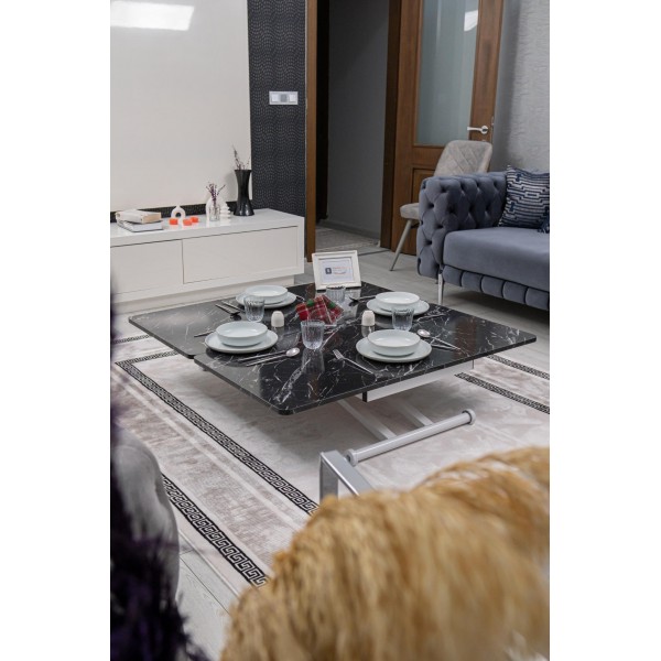 Siyah Mermer Desenli Home Akıllı Sehpa Beyaz Ayaklı Oval Köşe MDF Masa Sehpa