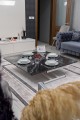 Siyah Mermer Desenli Home Akıllı Sehpa Beyaz Ayaklı Oval Köşe MDF Masa Sehpa