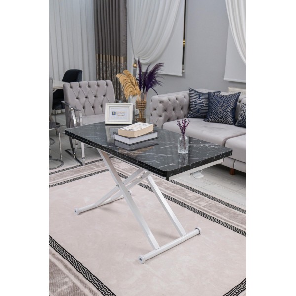 Siyah Mermer Desenli Home Akıllı Sehpa Beyaz Ayaklı Oval Köşe MDF Masa Sehpa
