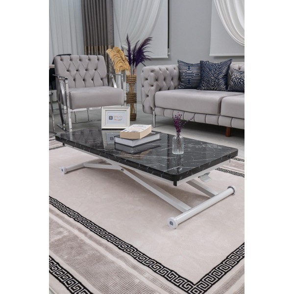 Siyah Mermer Desenli Home Akıllı Sehpa Beyaz Ayaklı Oval Köşe MDF Masa Sehpa