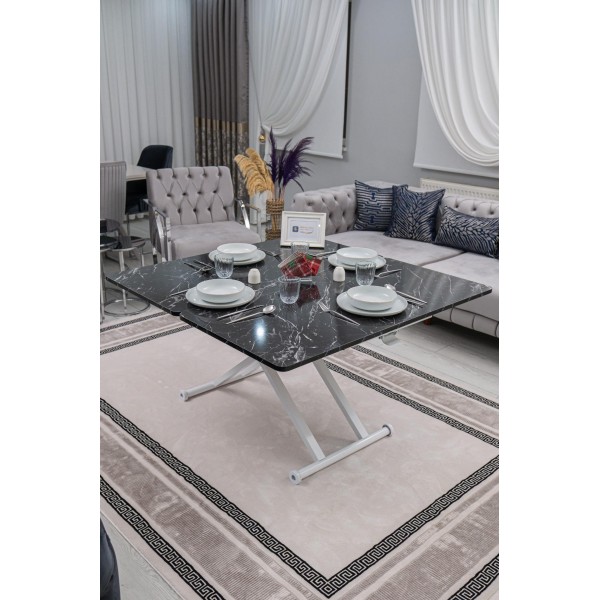 Siyah Mermer Desenli Home Akıllı Sehpa Beyaz Ayaklı Oval Köşe MDF Masa Sehpa