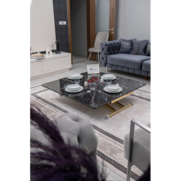 Home Siyah Mermer MDF Oval Köşe Gold Kaplama Ayaklı Akıllı Sehpa Premium Tasarım
