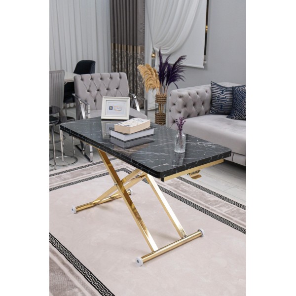Home Siyah Mermer MDF Oval Köşe Gold Kaplama Ayaklı Akıllı Sehpa Premium Tasarım