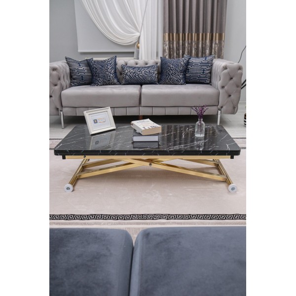 Home Siyah Mermer MDF Oval Köşe Gold Kaplama Ayaklı Akıllı Sehpa Premium Tasarım